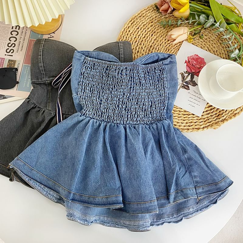 Bow Peplum Washed Denim Tube Top