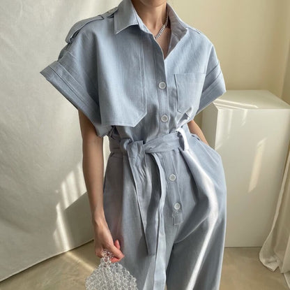 Short-Sleeve Collar Plain Button Wide Leg Jumpsuit