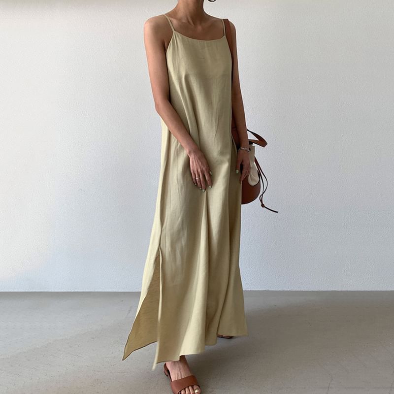 Spaghetti Strap Plain Slit Maxi A-Line Dress