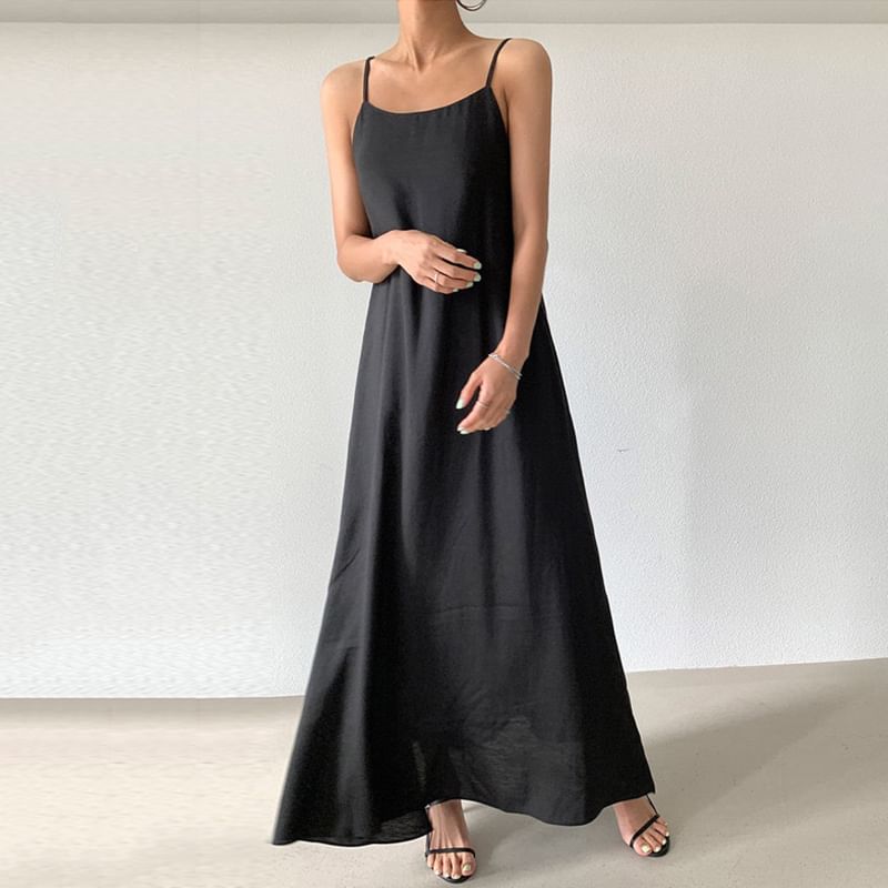 Spaghetti Strap Plain Slit Maxi A-Line Dress