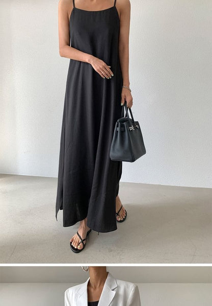 Spaghetti Strap Plain Slit Maxi A-Line Dress