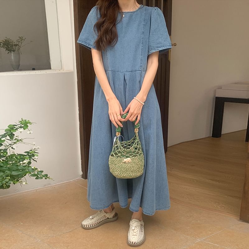 Short-Sleeve Round Neck Washed Denim Midi A-Line Dress