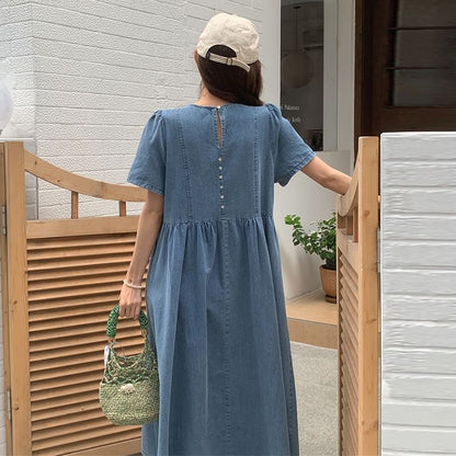 Short-Sleeve Round Neck Washed Denim Midi A-Line Dress