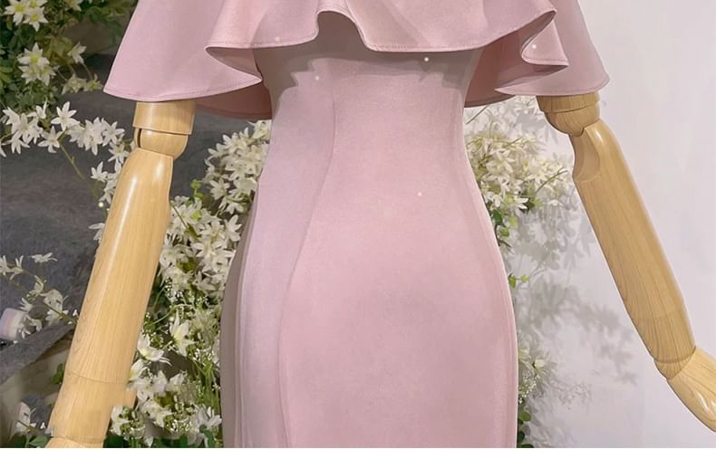 Short-Sleeve Mermaid Accent Plain Cold Evening Gown Neck Halter Shoulder Rhinestone