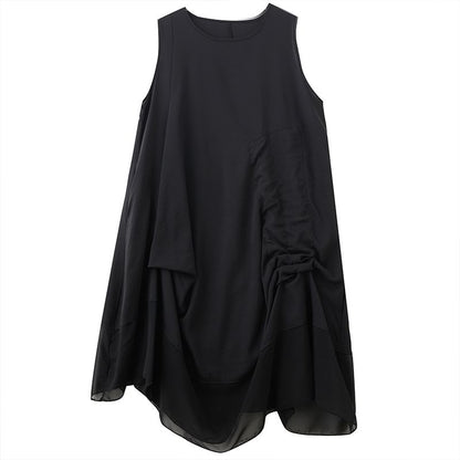 Sleeveless Round Neck Panel Drawstring Midi A-Line Dress