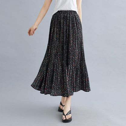 Elastic Waist Floral Print Accordion Pleated Maxi A-Line Skirt