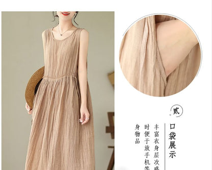 Sleeveless Round Neck Plain Drawstring Waist Maxi A-Line Dress