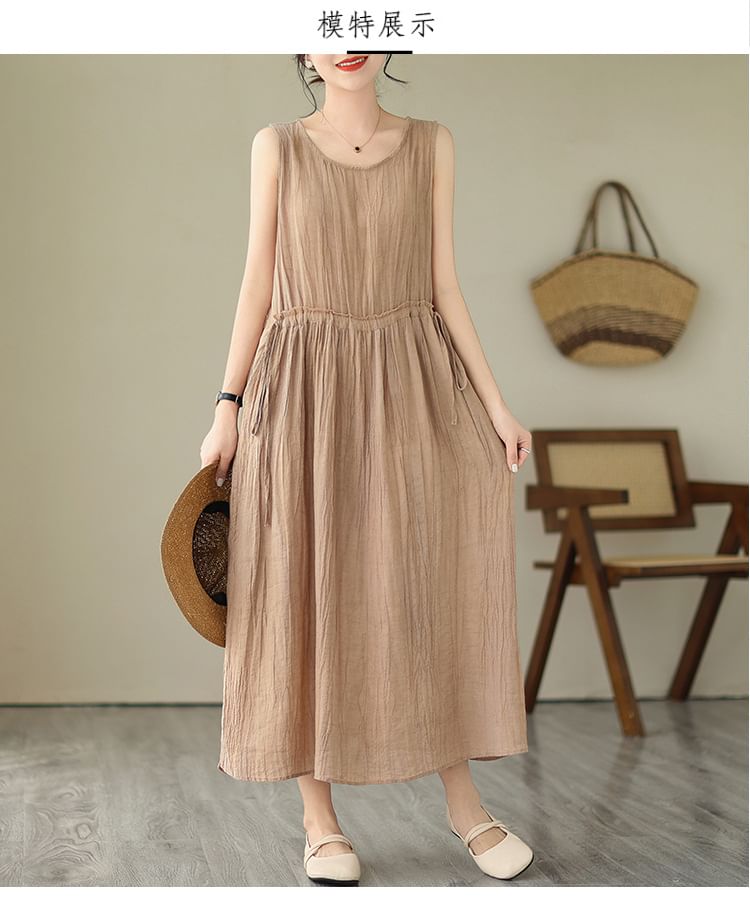 Sleeveless Round Neck Plain Drawstring Waist Maxi A-Line Dress