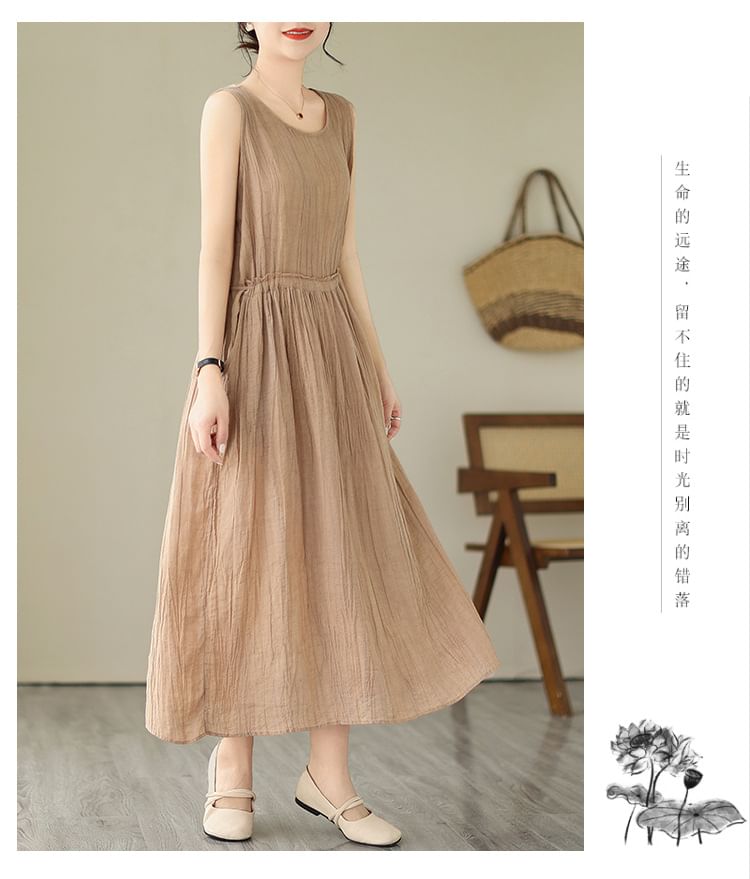 Sleeveless Round Neck Plain Drawstring Waist Maxi A-Line Dress