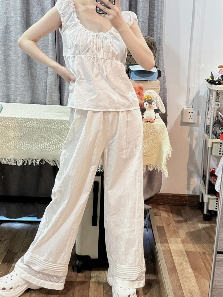 Mid Rise Plain Lace Panel Wide Leg Pants