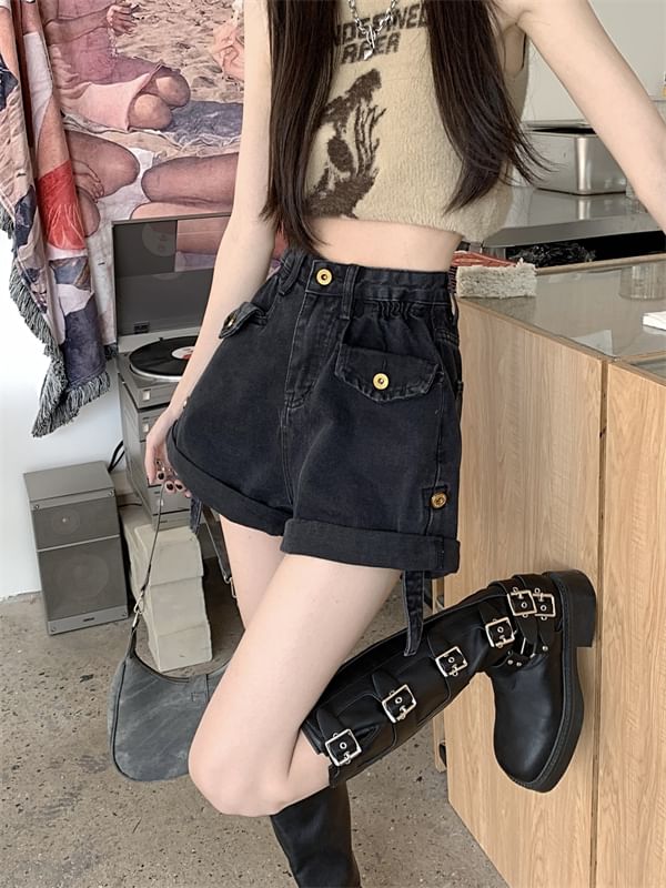 High Waist Wide Leg Denim Shorts