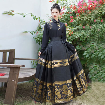 Flower Embroidered Shirt / High Rise Dragon Print Maxi Ma Mian Skirt / Arm Sleeves