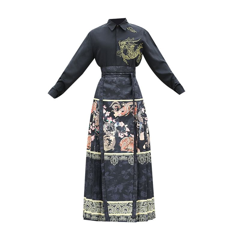 Dragon Embroidered Shirt / Dragon Print Maxi Ma Mian Skirt