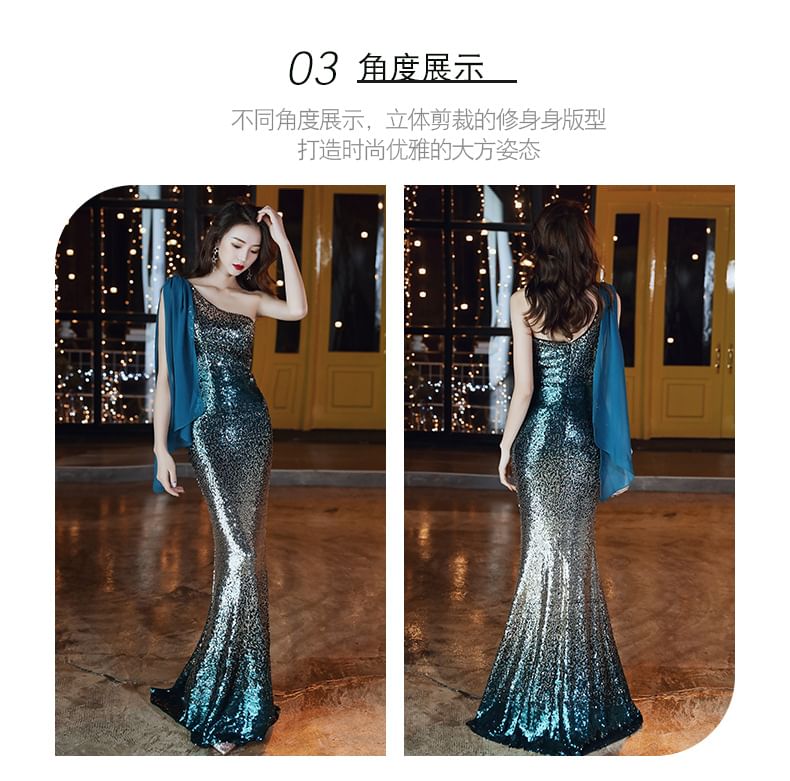 Gown Mermaid Sequin Sleeveless Gradient One Evening Shoulder