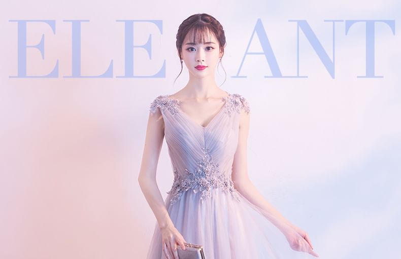 Mesh Mini Ruched / Evening Plain Gown A-Line Cocktail Floral V-Neck Dress Applique Sleeveless