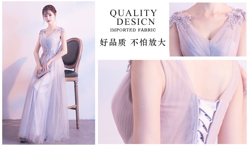 Mesh Mini Ruched / Evening Plain Gown A-Line Cocktail Floral V-Neck Dress Applique Sleeveless