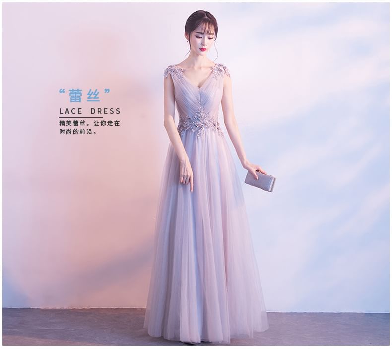 Mesh Mini Ruched / Evening Plain Gown A-Line Cocktail Floral V-Neck Dress Applique Sleeveless