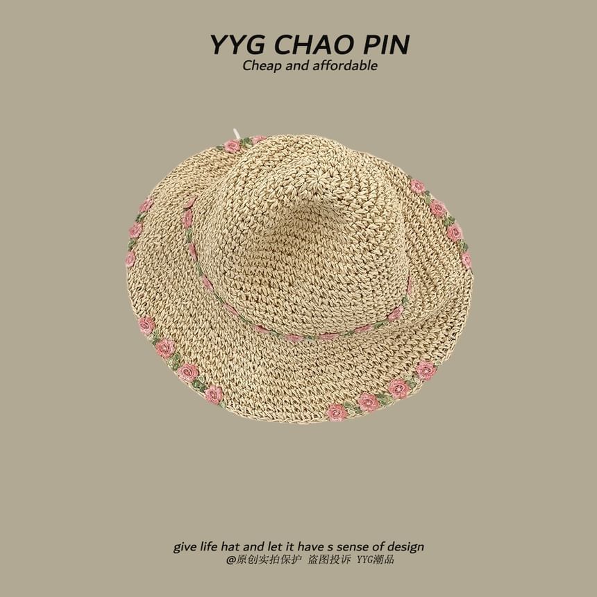 Straw Hat Floral Embroidered Sun