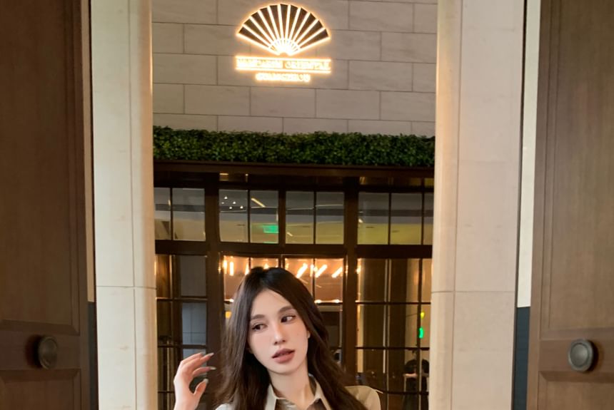 3/4-Sleeve Plain Ruched Button-Up Mini Sheath Shirt Dress