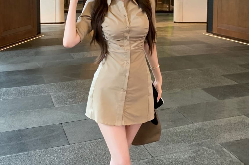 3/4-Sleeve Plain Ruched Button-Up Mini Sheath Shirt Dress