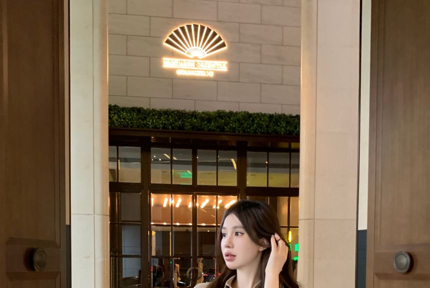 3/4-Sleeve Plain Ruched Button-Up Mini Sheath Shirt Dress