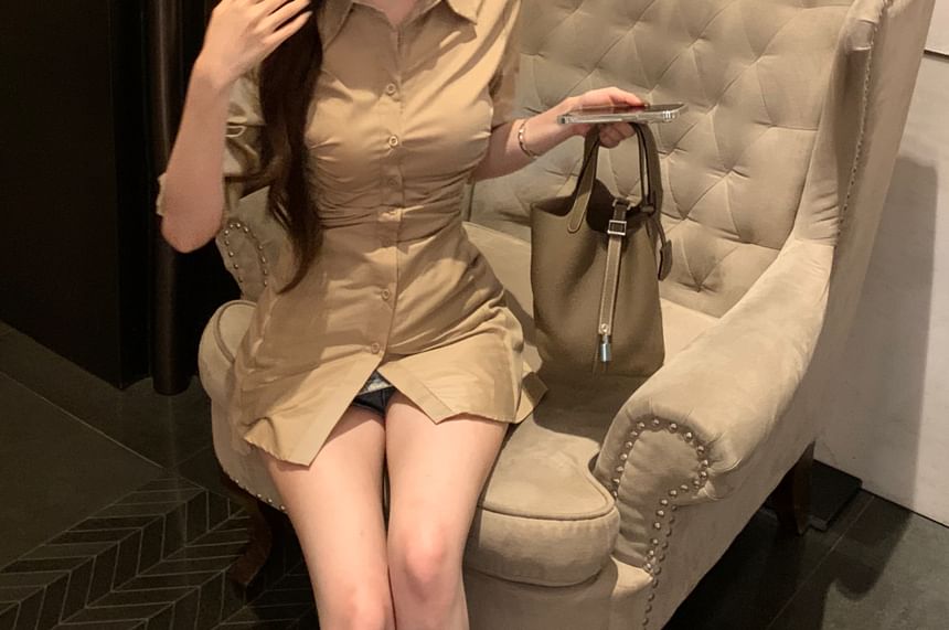 3/4-Sleeve Plain Ruched Button-Up Mini Sheath Shirt Dress