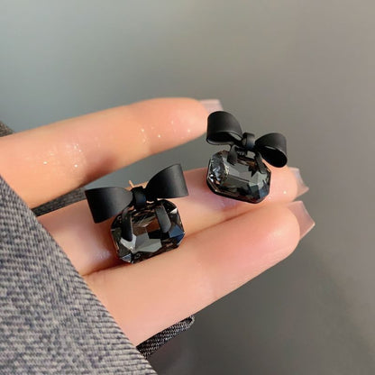 S925 Black-Bow Gem Earrings