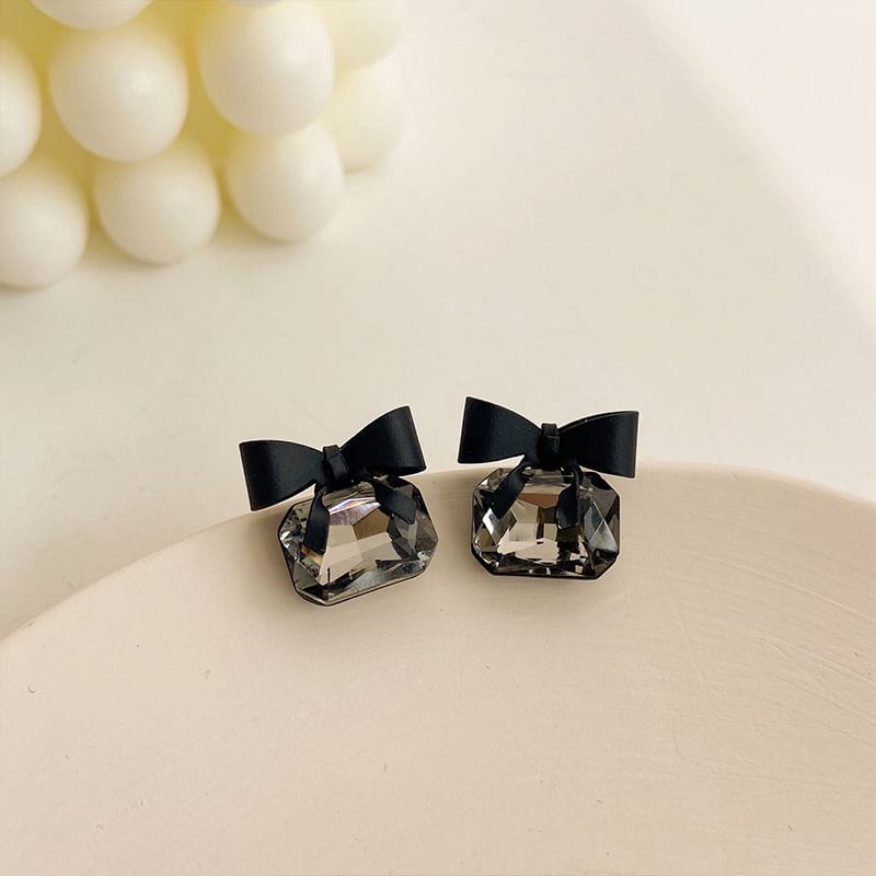 S925 Black-Bow Gem Earrings