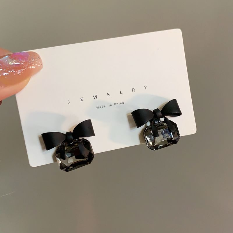 S925 Black-Bow Gem Earrings