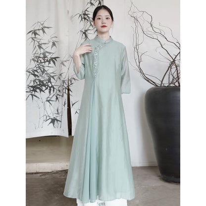 3/4-Sleeve Mandarin Collar Floral Embroidered Midi A-Line Dress