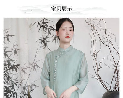 3/4-Sleeve Mandarin Collar Floral Embroidered Midi A-Line Dress