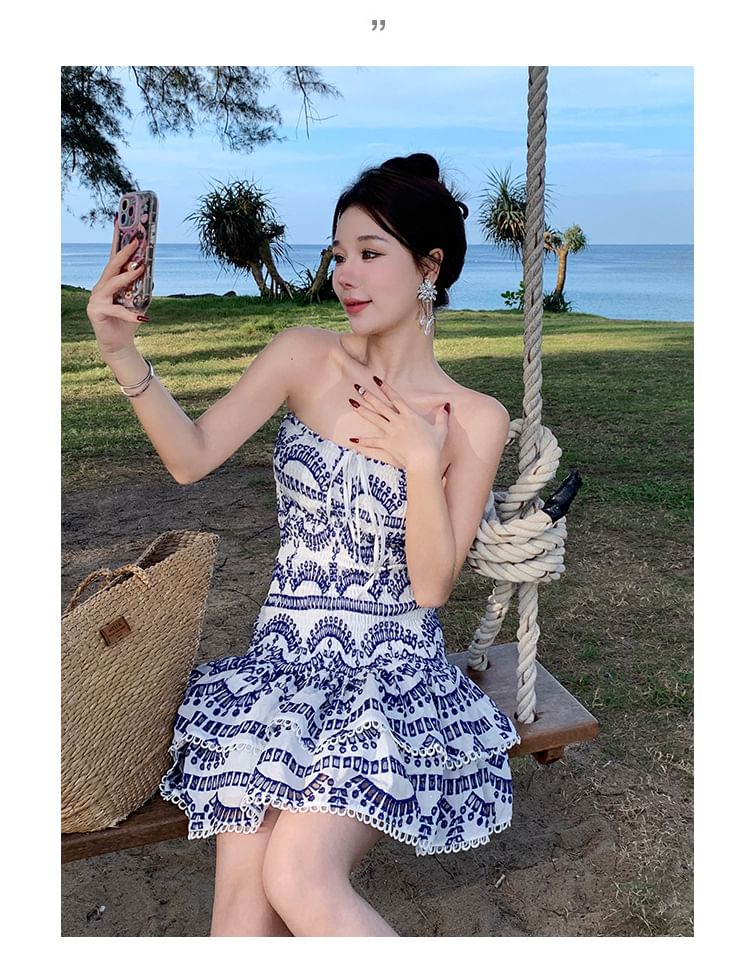 Tube Dress Ruched Mini A-Line Embroidered