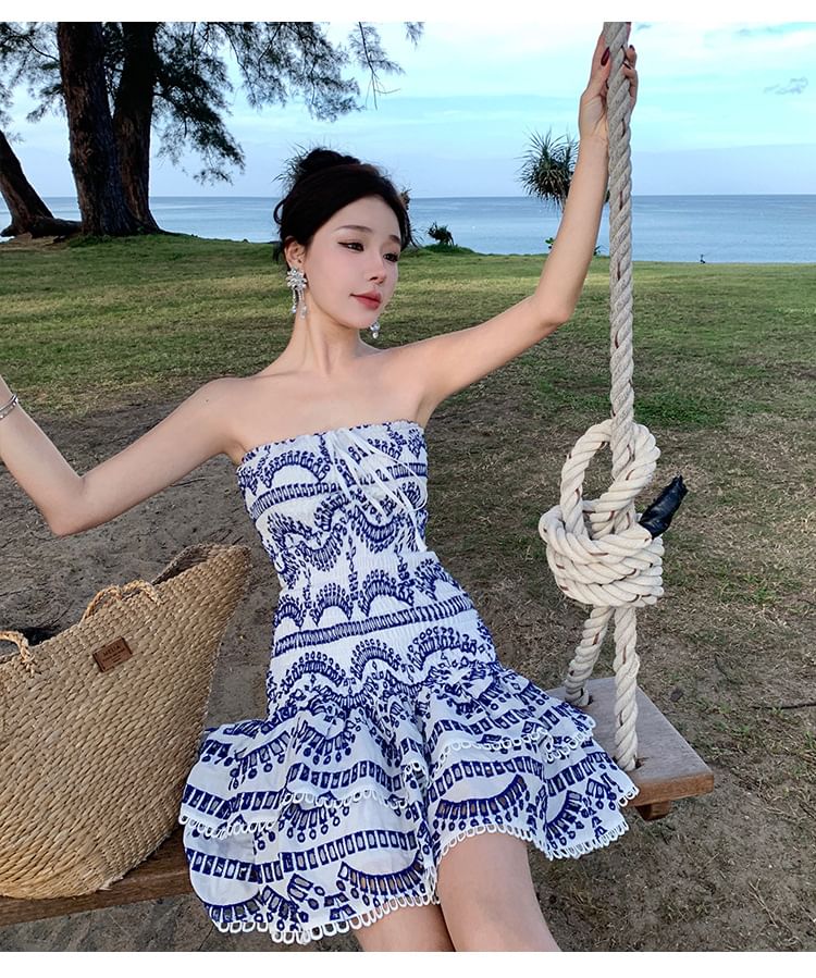 Tube Dress Ruched Mini A-Line Embroidered