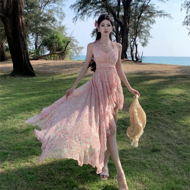 Halter Trim V-Neck Asymmetrical Ruched Print Floral A-Line Dress Open Ruffle Back