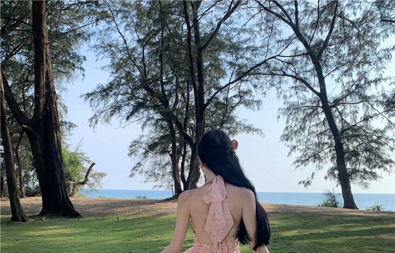 Halter Trim V-Neck Asymmetrical Ruched Print Floral A-Line Dress Open Ruffle Back