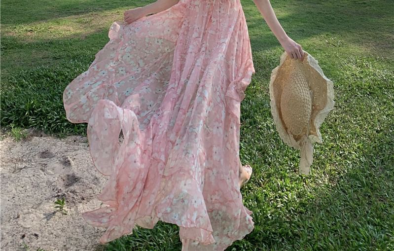 Halter Trim V-Neck Asymmetrical Ruched Print Floral A-Line Dress Open Ruffle Back