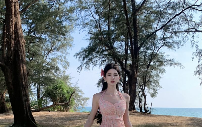 Halter Trim V-Neck Asymmetrical Ruched Print Floral A-Line Dress Open Ruffle Back