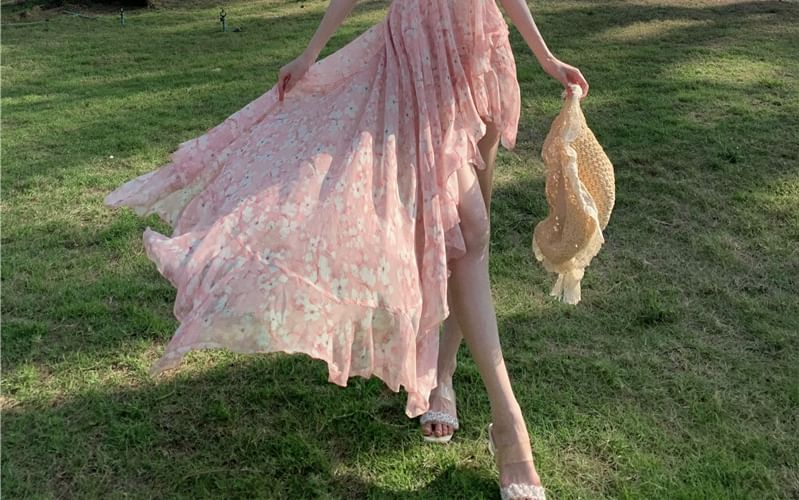 Halter Trim V-Neck Asymmetrical Ruched Print Floral A-Line Dress Open Ruffle Back