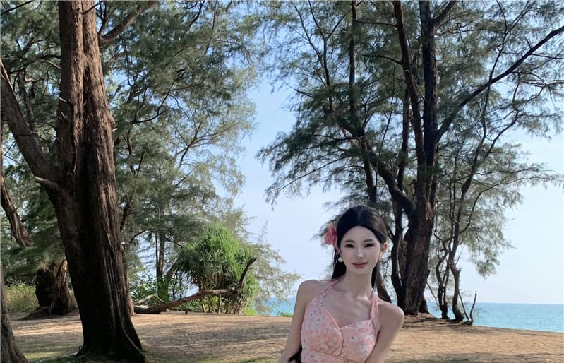 Halter Trim V-Neck Asymmetrical Ruched Print Floral A-Line Dress Open Ruffle Back