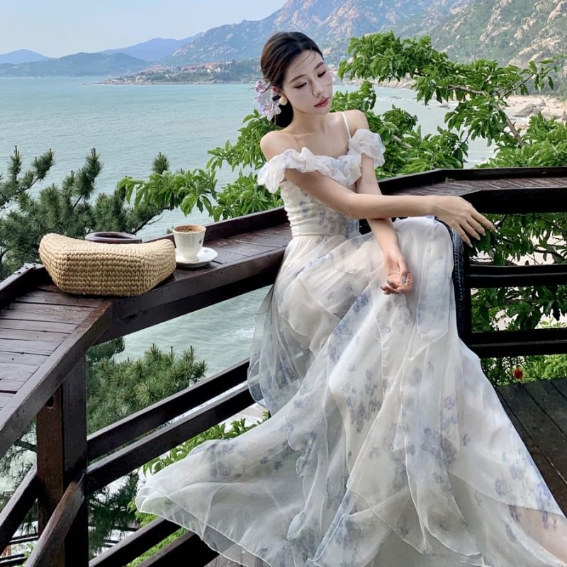 Maxi A-Line Square Cold Print Floral Ruffle Shoulder Ruched Dress Neck Trim