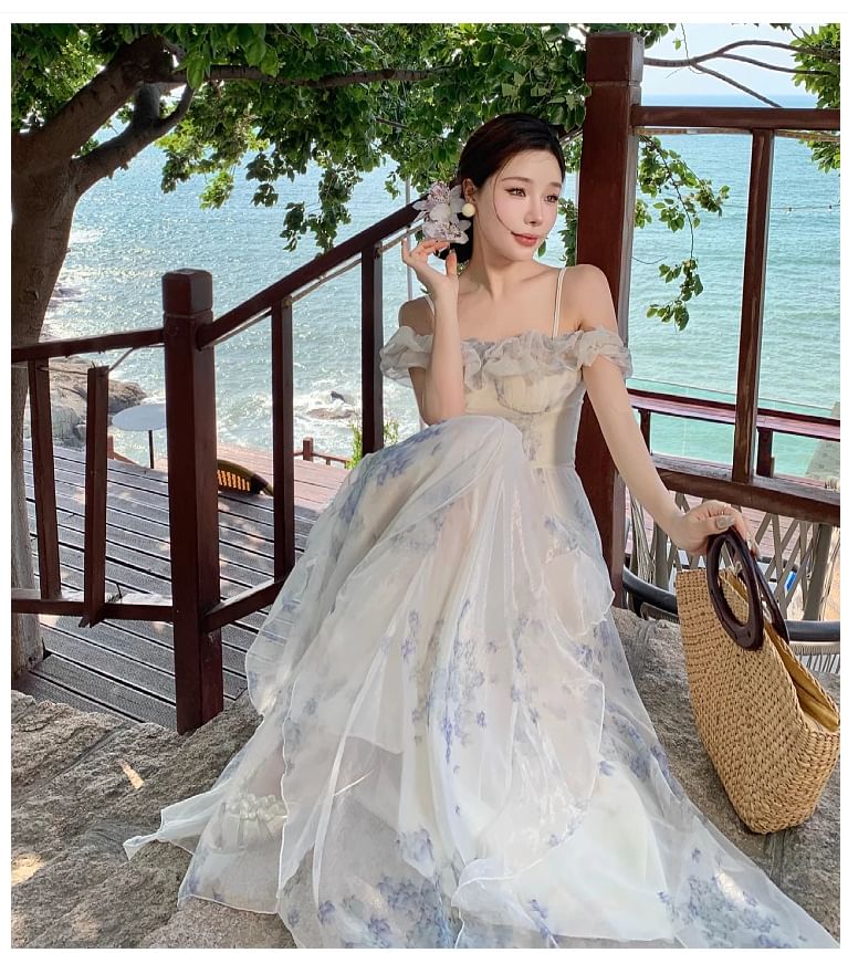 Maxi A-Line Square Cold Print Floral Ruffle Shoulder Ruched Dress Neck Trim