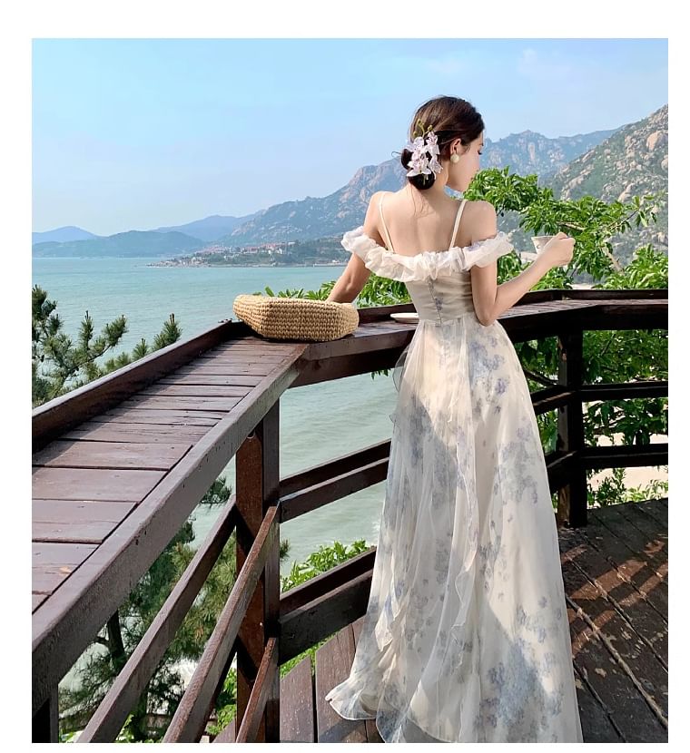 Maxi A-Line Square Cold Print Floral Ruffle Shoulder Ruched Dress Neck Trim