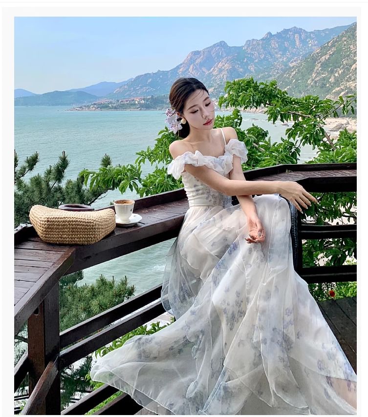 Maxi A-Line Square Cold Print Floral Ruffle Shoulder Ruched Dress Neck Trim