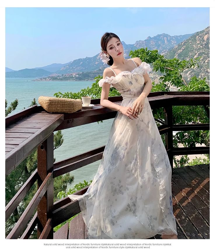 Maxi A-Line Square Cold Print Floral Ruffle Shoulder Ruched Dress Neck Trim