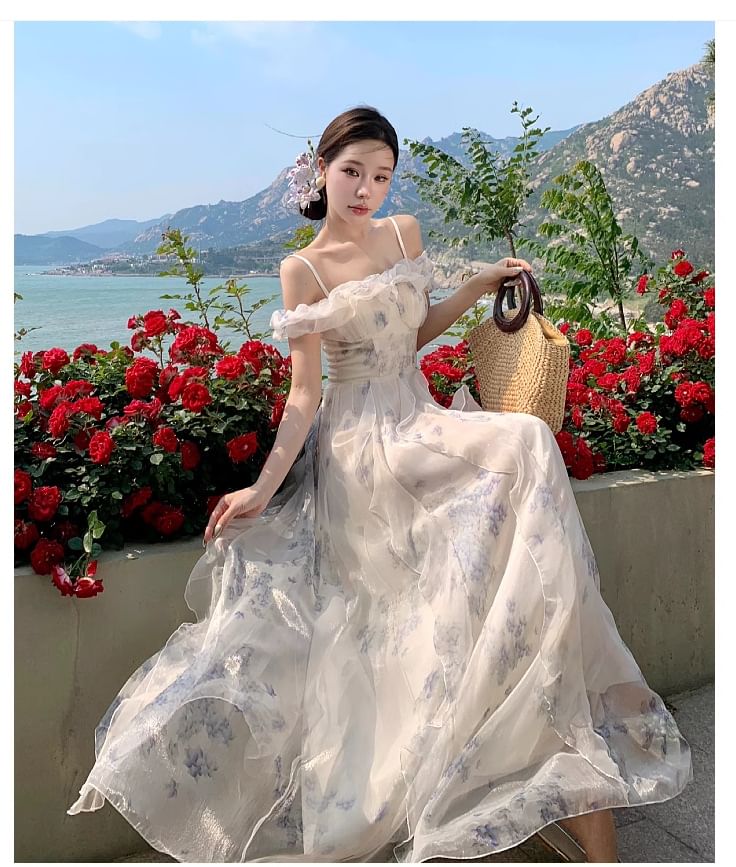 Maxi A-Line Square Cold Print Floral Ruffle Shoulder Ruched Dress Neck Trim