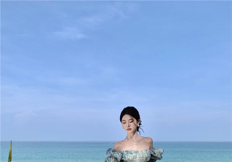 Maxi Off-Shoulder Print Ruffle Puff-Sleeve Trim Dress A-Line Floral Slit