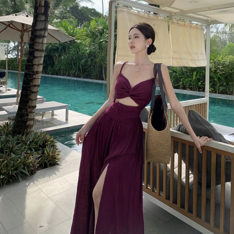 Maxi Cutout Slit A-Line V-Neck Dress Plain Spaghetti Knot Strap