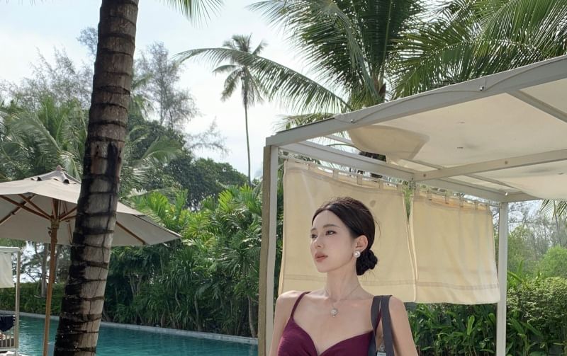 Maxi Cutout Slit A-Line V-Neck Dress Plain Spaghetti Knot Strap