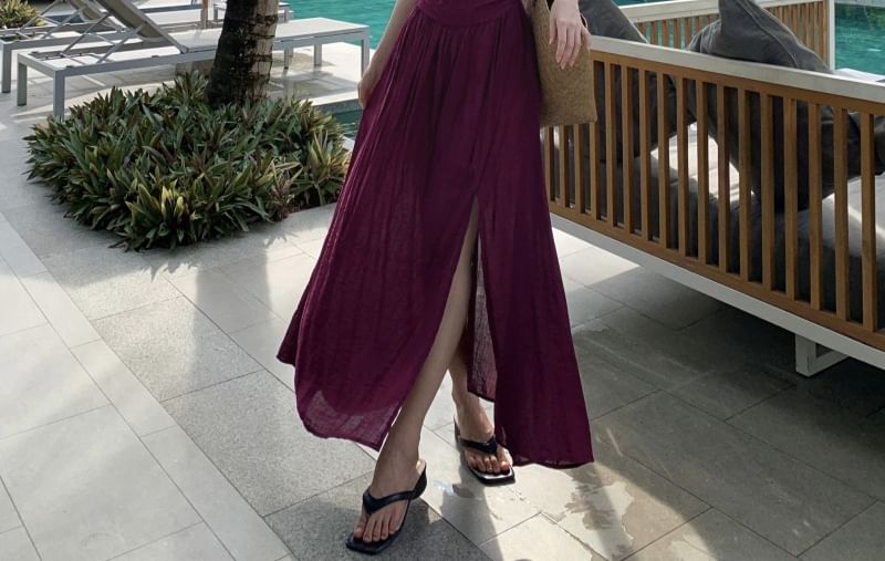 Maxi Cutout Slit A-Line V-Neck Dress Plain Spaghetti Knot Strap