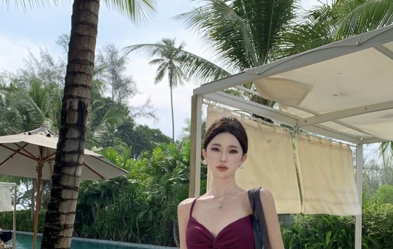 Maxi Cutout Slit A-Line V-Neck Dress Plain Spaghetti Knot Strap